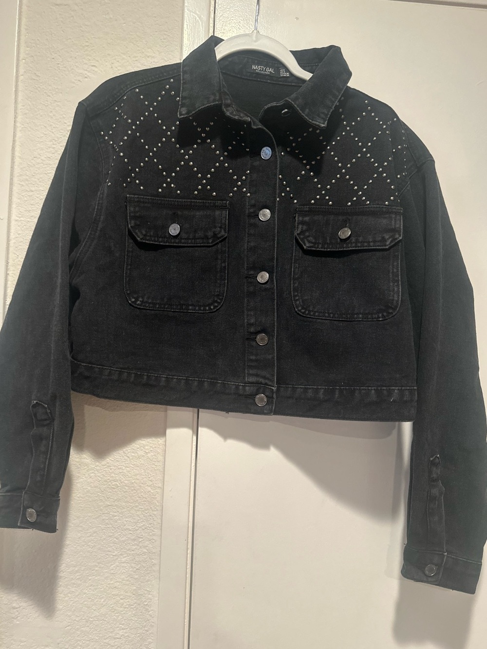 Nasty Gal Black Studded Cropped Denim Jacket - Diamond Accent - Picture 2 of 7